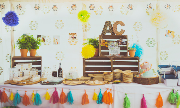Tassels Crates Pom Poms Decor Colourful Woodland Humanist Wedding http://sashaweddings.co.uk/
