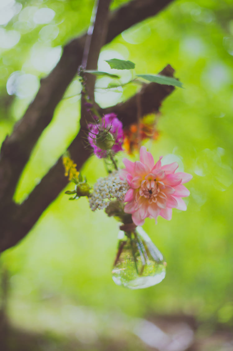 Hanging Flowers Bottles Dahlia Colourful Woodland Humanist Wedding http://sashaweddings.co.uk/