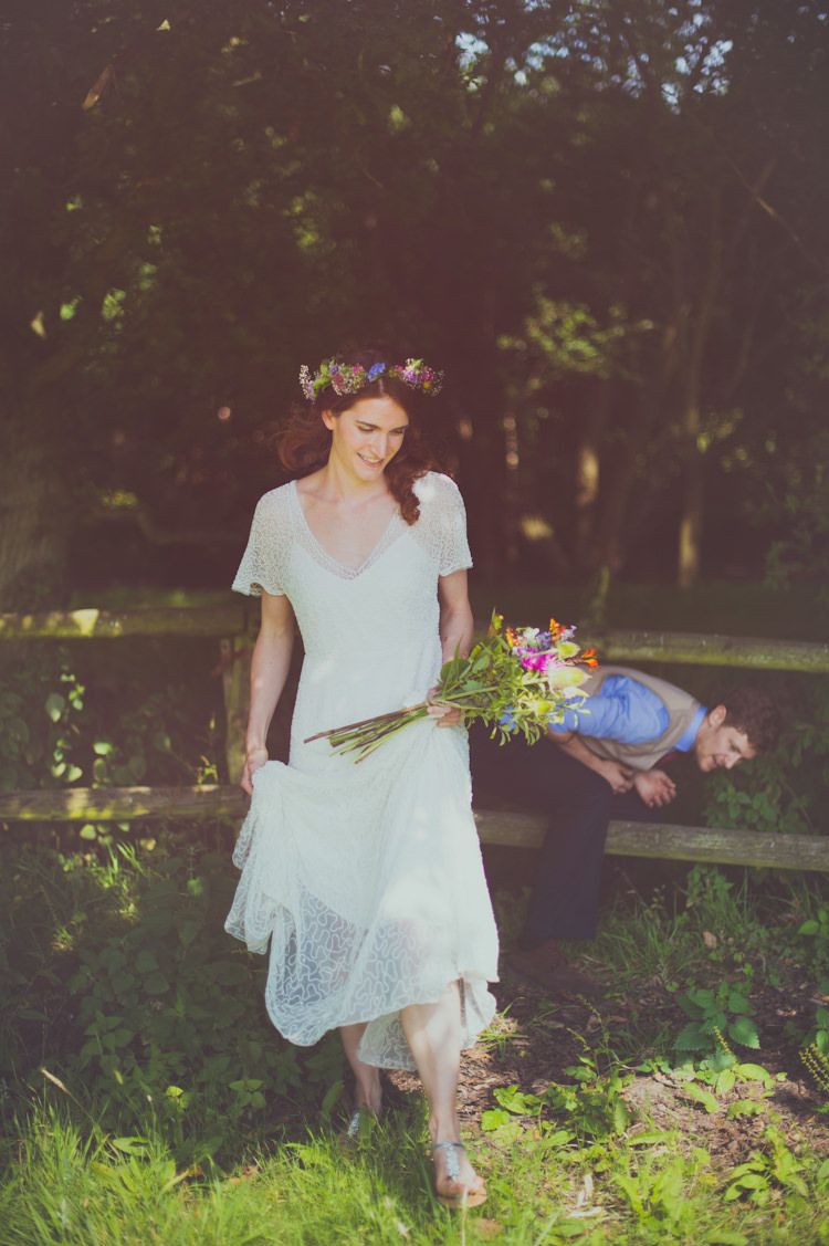 J Crew Dress Bride Bridal Boho Sleeves Gown Colourful Woodland Humanist Wedding http://sashaweddings.co.uk/