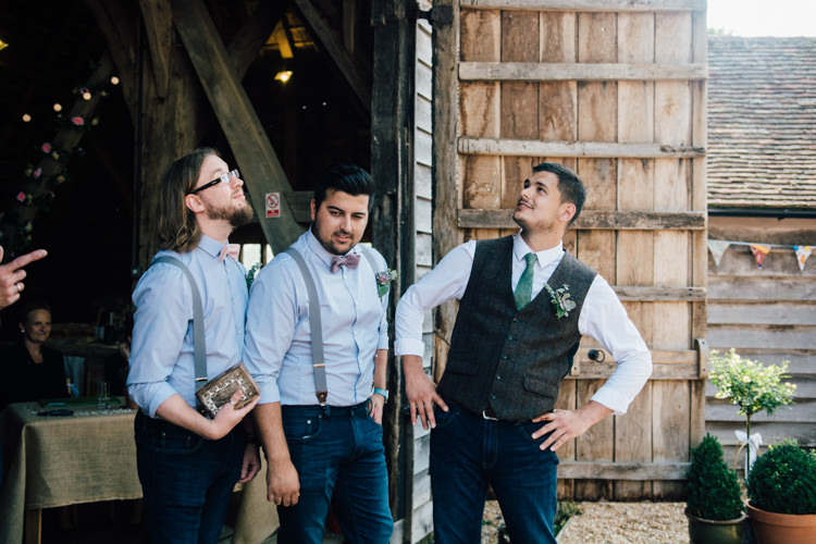 Jeans Groom Groomsen Waistcoat Bow Ties Braces Home Made Rustic Barn Wedding http://www.sarahfleetphotography.com/