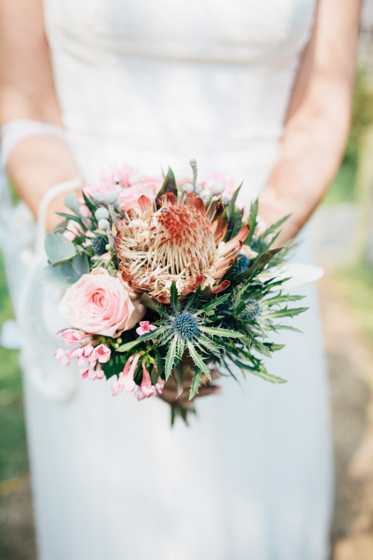 Bouquet Flowers Protea Thistle Rose Bride Bridal Home Made Rustic Barn Wedding http://www.sarahfleetphotography.com/