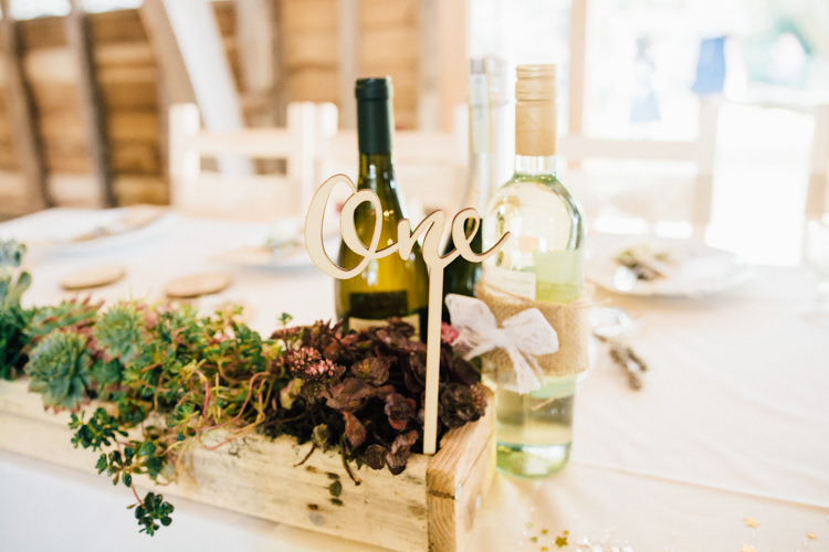 Wooden Table Numbers Succulent Box Flowers Home Made Rustic Barn Wedding http://www.sarahfleetphotography.com/