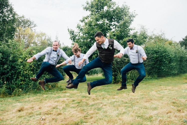 Groom Groomsen Jeans Bow Tie Braces Home Made Rustic Barn Wedding http://www.sarahfleetphotography.com/