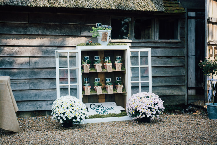 Window Seating Table Plan Chart Potted Succulents Home Made Rustic Barn Wedding http://www.sarahfleetphotography.com/