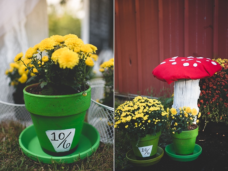 Green Flower Pots Yellow Florals Handmade Mushroom Alice in Wonderland Wedding Pennsylvania http://www.julieflorophotography.com/