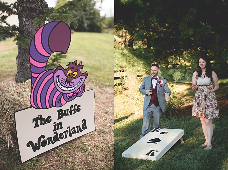 Ceremony Décor Cheshire Cat Cartoon Sign Guests Outdoor Games Alice in Wonderland Wedding Pennsylvania http://www.julieflorophotography.com/
