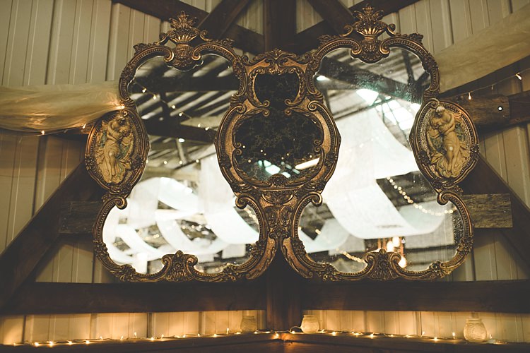 Reception Décor Vintage Gold Mirror Wood Fairy Lights Alice in Wonderland Wedding Pennsylvania http://www.julieflorophotography.com/