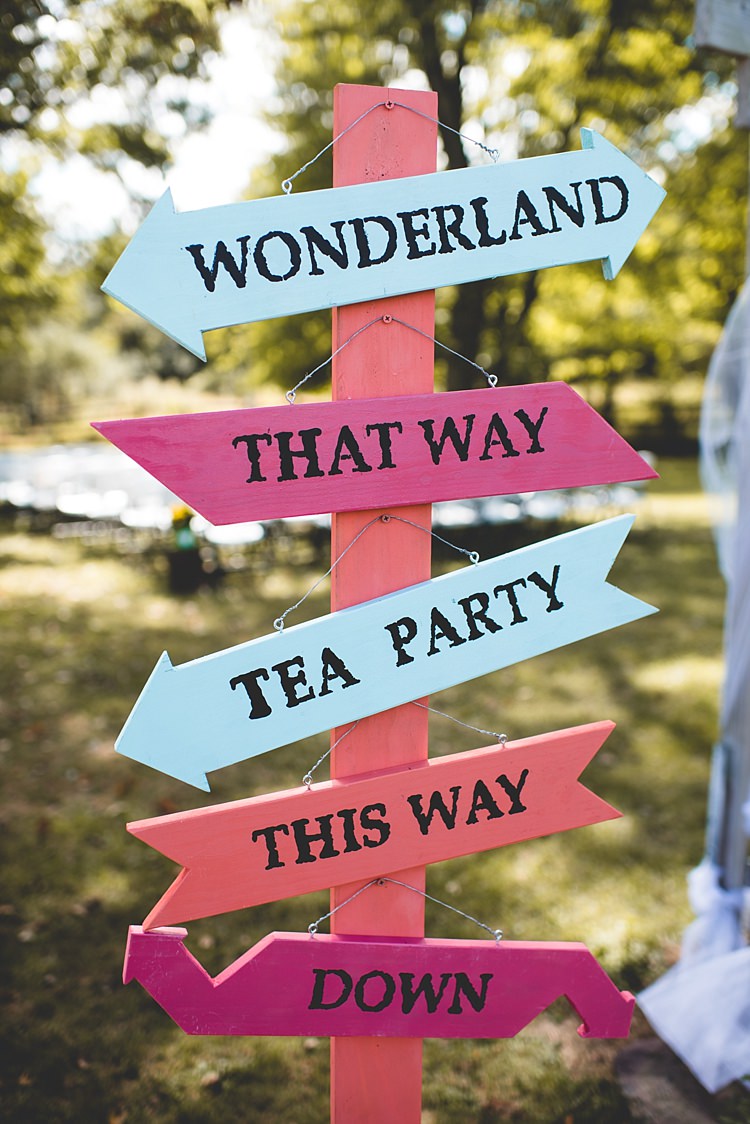 Painted Wooden Direction Sign DIY Outdoor Ceremony Alice in Wonderland Wedding Pennsylvania http://www.julieflorophotography.com/