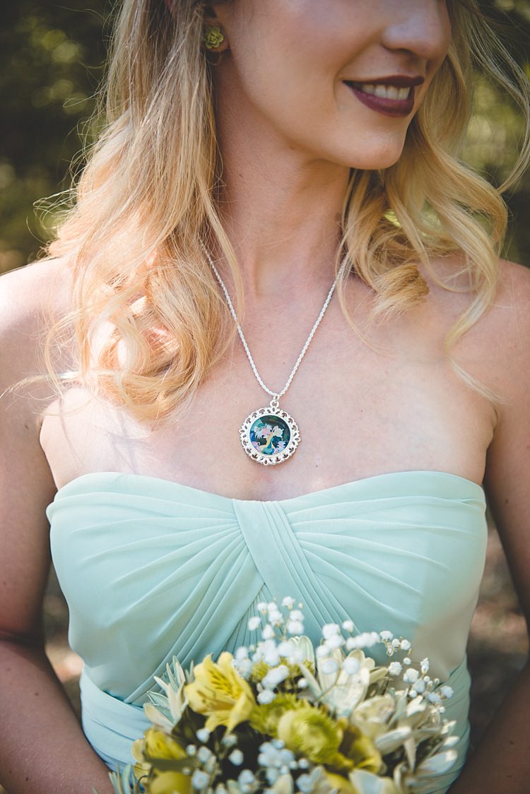 Bridesmaid Pale Blue Dress Custom Made Charm Necklace Floral Earrings White Yellow Bouquet Alice in Wonderland Wedding Pennsylvania http://www.julieflorophotography.com/