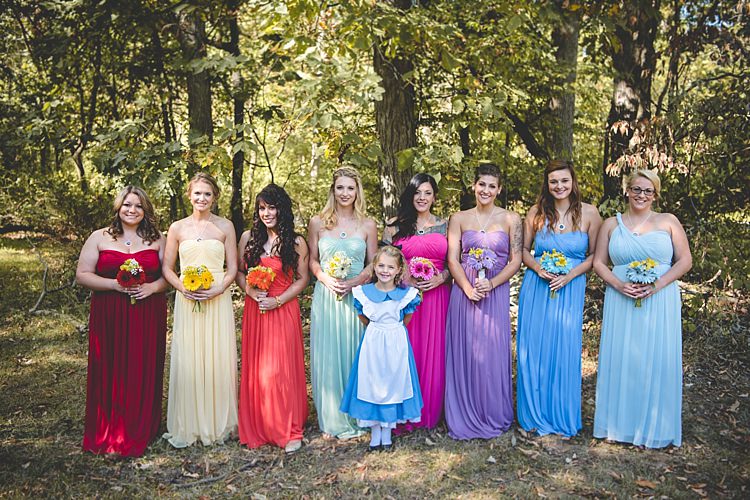 Bridesmaids Multicoloured Dresses Gerbera Bouquets Flower Girl Alice Costume Alice in Wonderland Wedding Pennsylvania http://www.julieflorophotography.com/