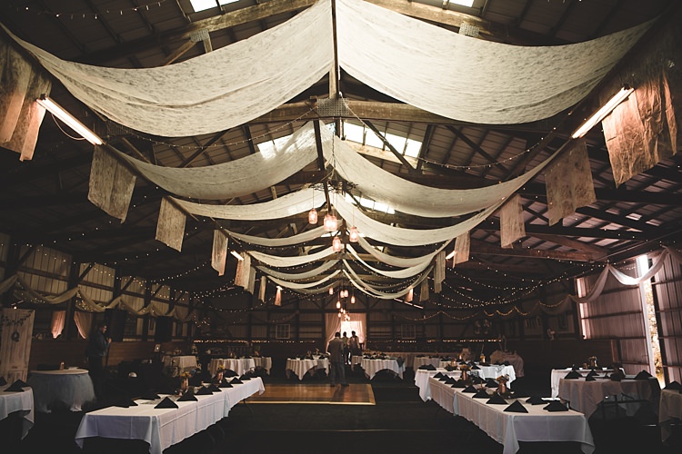 Reception Hanging Décor Fairylights Rustic Black White Table Settings Alice in Wonderland Wedding Pennsylvania http://www.julieflorophotography.com/