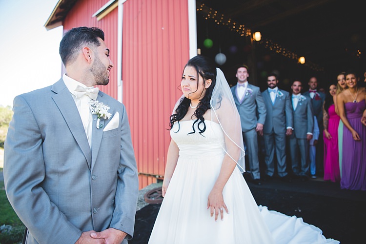First Look Bride Strapless Gown Veil Groom Grey Suit White Tie Bridesmaids Groomsmen Barn Fairy Lights Alice in Wonderland Wedding Pennsylvania http://www.julieflorophotography.com/