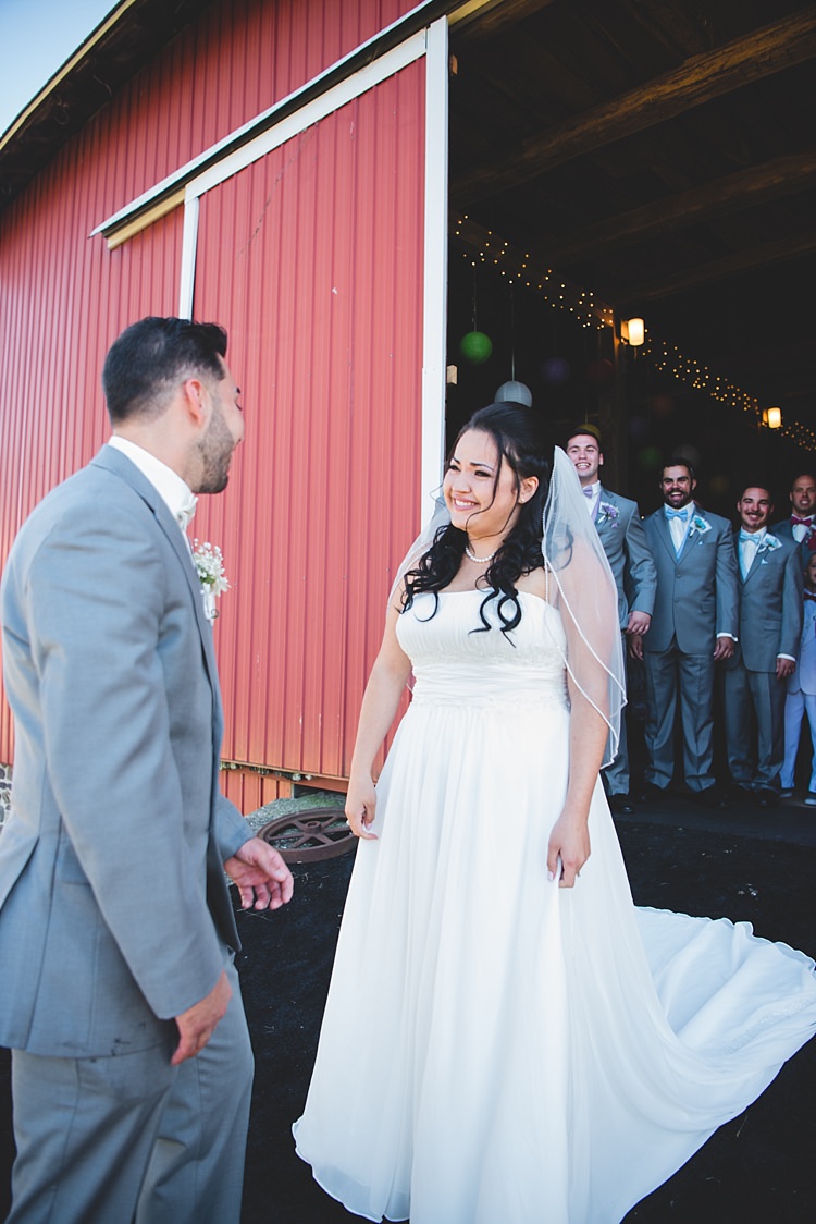 First Look Bride Strapless Gown Veil Groom White Tie Groomsmen Barn Fairy Lights Alice in Wonderland Wedding Pennsylvania http://www.julieflorophotography.com/