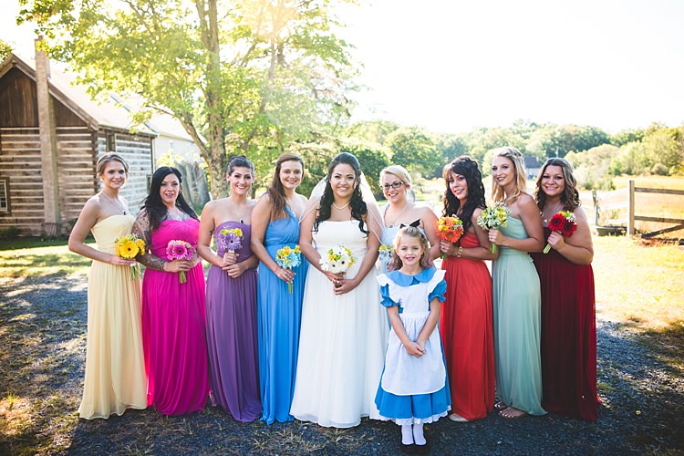 Bride Strapless Gown With Train Veil Bridesmaids Multicoloured Dresses Bouquets Multicoloured Gerberas Flowergirl Alice Costume Alice in Wonderland Wedding Pennsylvania http://www.julieflorophotography.com/