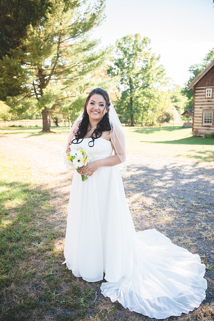 Bride Strapless Gown With Train Veil Soft Curls Hairstyle Bouquet White Yellow Gerbera Alice in Wonderland Wedding Pennsylvania http://www.julieflorophotography.com/