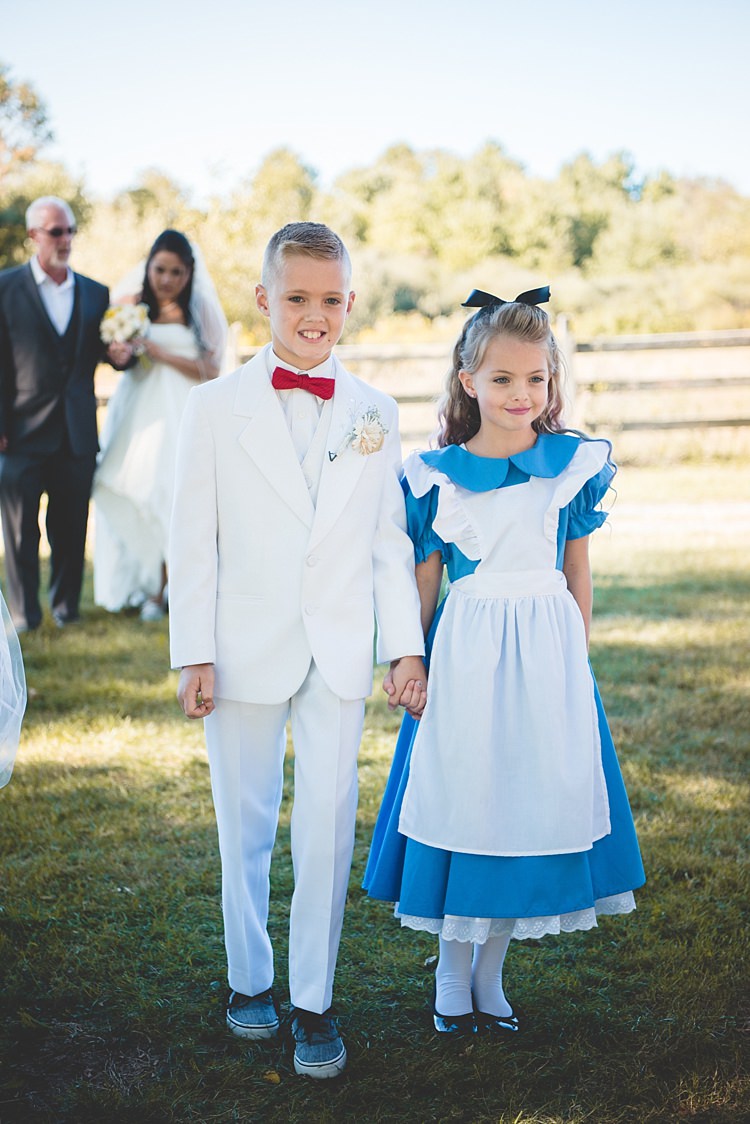Flowergirl Alice Costume Black Bow Pageboy White Suit Red Bowtie Entrance Bride Father Alice in Wonderland Wedding Pennsylvania http://www.julieflorophotography.com/
