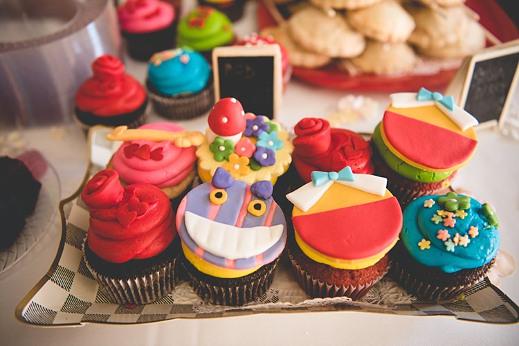 Reception Dessert Table Themed Cupcakes Treats Mini Blackboard Signs Alice in Wonderland Wedding Pennsylvania http://www.julieflorophotography.com/