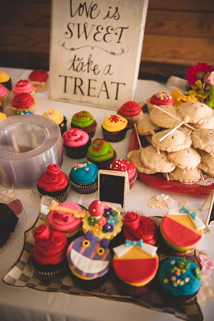 Reception Dessert Table Themed Cupcakes Treats Pies Mini Blackboard Signs Wooden Quote Board Alice in Wonderland Wedding Pennsylvania http://www.julieflorophotography.com/