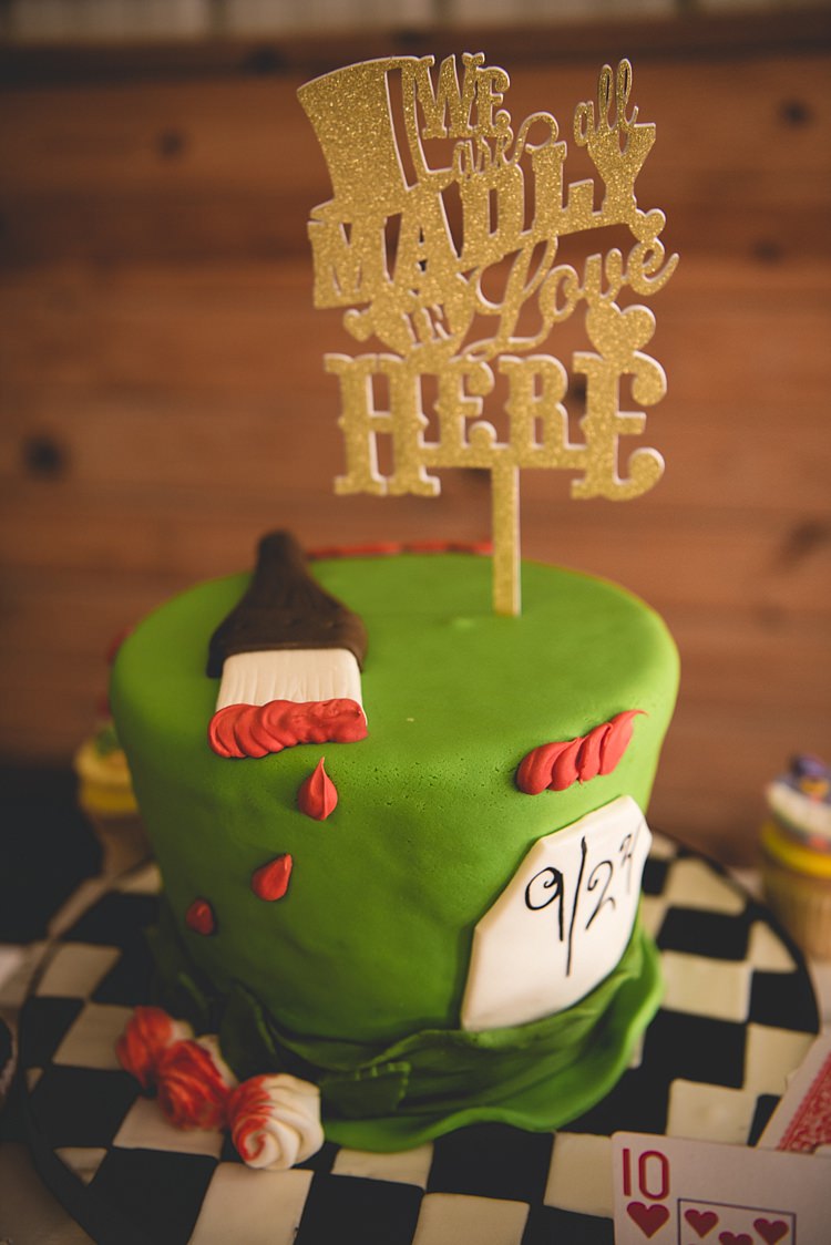 Mad Hatter Wedding Cake Gold Glitter Cake Topper Playing Cards Dessert Table Alice in Wonderland Wedding Pennsylvania http://www.julieflorophotography.com/