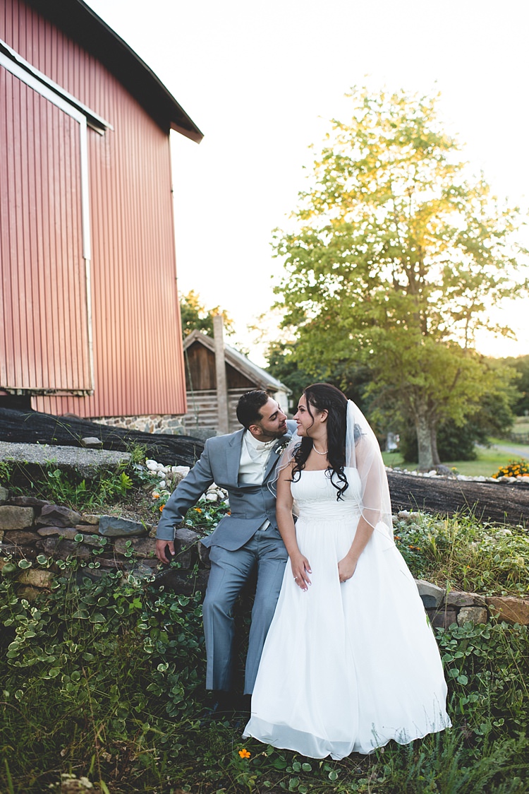 Bride Strapless Gown With Train Veil Groom Grey Suit White Bowtie Rock Wall Barn Trees Greenery Alice in Wonderland Wedding Pennsylvania http://www.julieflorophotography.com/