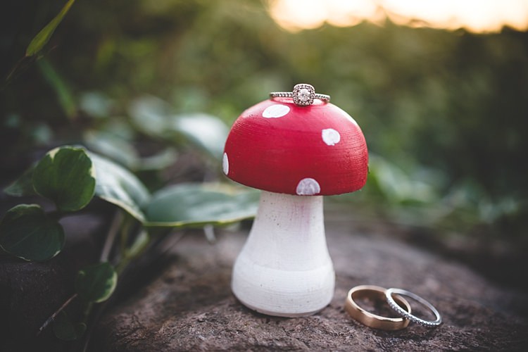 Wedding Engagement Rings Painted Wooden Mushroom Greenery Alice in Wonderland Wedding Pennsylvania http://www.julieflorophotography.com/
