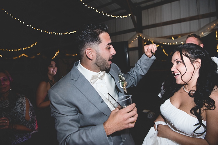 Bride Strapless Gown With Train Veil Pearl Necklace Groom Grey Suit White Bowtie Dancing Hanging Fairy Lights Guests Alice in Wonderland Wedding Pennsylvania http://www.julieflorophotography.com/