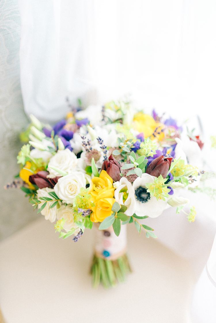 Bouquet Yellow Purple Iris Bride Bridal Flowers Magical Spring Treehouse Wedding http://sarahjaneethan.co.uk/