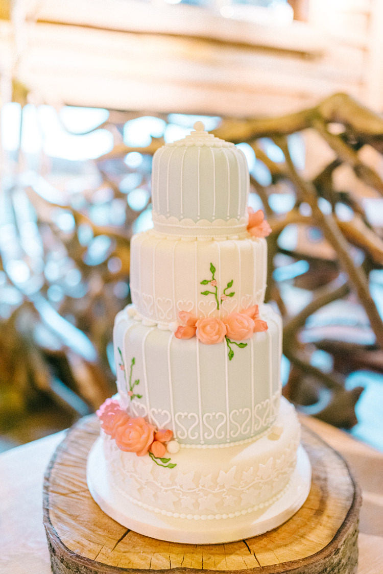 Birdcage Cake Marks Spencer Log Slice Magical Spring Treehouse Wedding http://sarahjaneethan.co.uk/