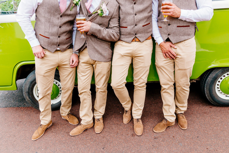 Groomsmen Chinos Waistcoats Fresh Relaxed Romantic Pink Green Pub Wedding http://www.els-photography.com/