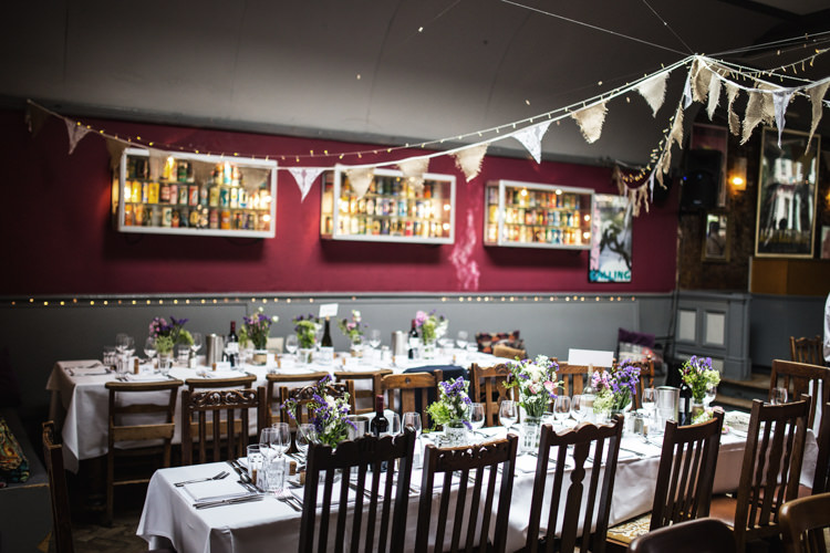 Bunting Fairy Lights Mismatched London Pub Wedding http://www.olliverphotography.com/