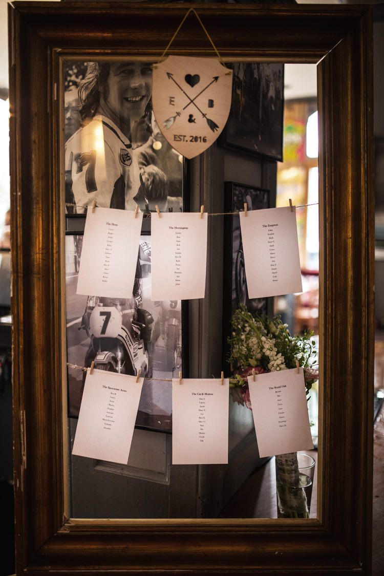 Mirror Seating Plan Table Chart Mismatched London Pub Wedding http://www.olliverphotography.com/