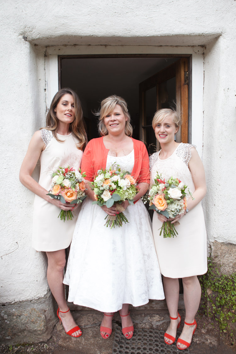 White Bridesmaid Dresses Short Shift Orange Shoes Rustic Outdoor Rural Tipi Wedding http://emmastonerweddings.com/