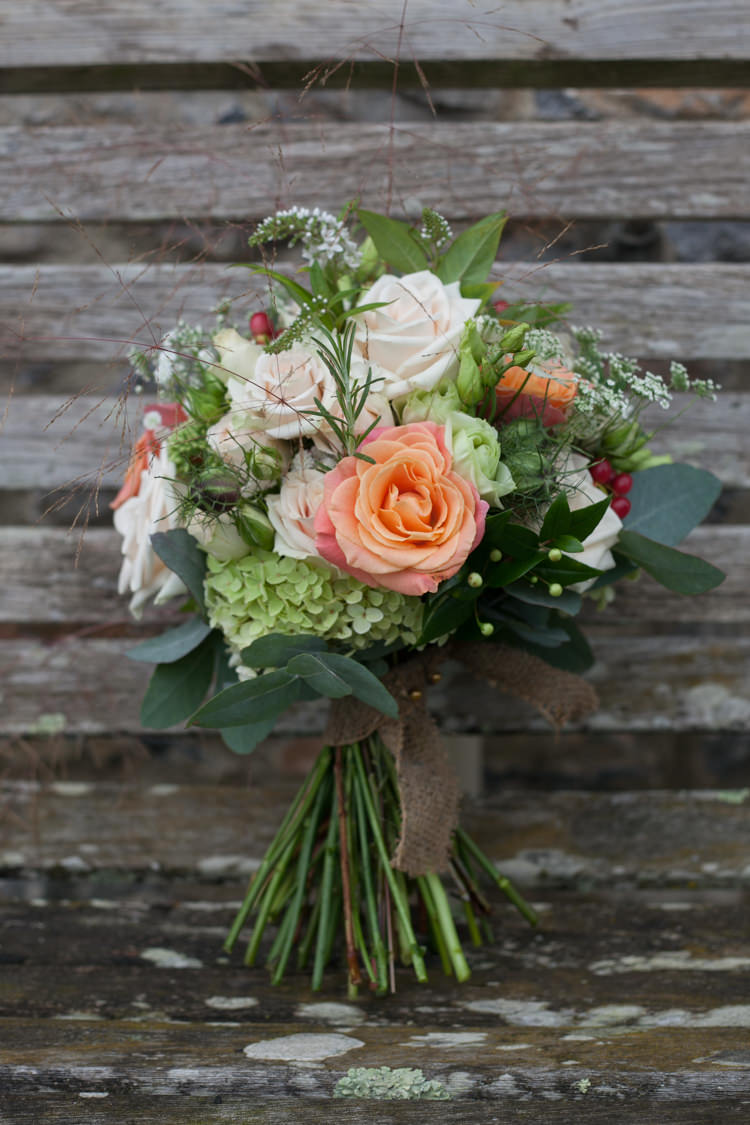 Bouquet Flowers Orange Roses Foliage Bride Bridal Rustic Outdoor Rural Tipi Wedding http://emmastonerweddings.com/