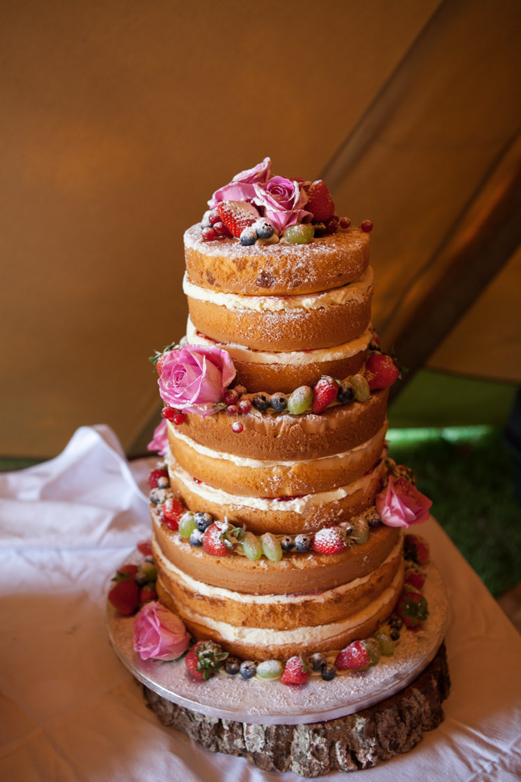 Naked Cake Sponge Layer Fruit Berries Log Stand Rustic Outdoor Rural Tipi Wedding http://emmastonerweddings.com/