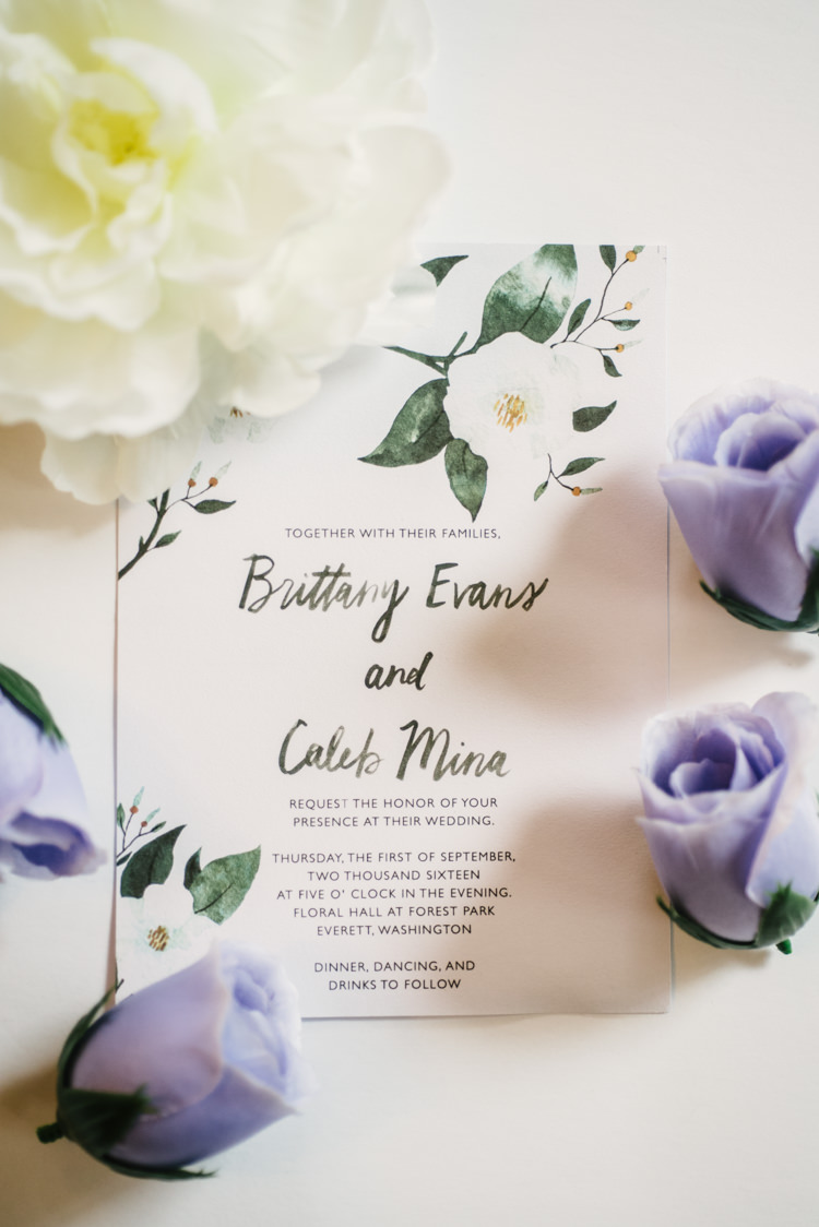 Wedding Invitation Stationery Floral Design Calligraphy Fresh Flowers White Purple Magical Fairytale Forest Wedding Washington http://karissaroe.com/
