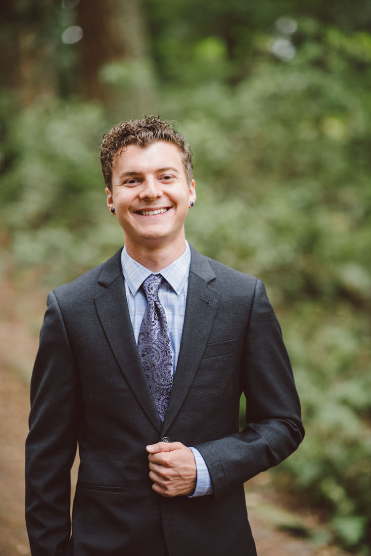 Groom Charcoal Grey Suit Patterned Purple Tie Magical Fairytale Forest Wedding Washington http://karissaroe.com/
