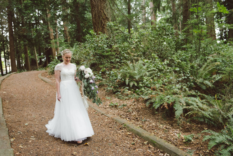 Bride Cap Sleeve Backless Tulle Bridal Gown Cascading Bouquet White Purple Chrysanthemum Roses Forest Magical Fairytale Forest Wedding Washington http://karissaroe.com/
