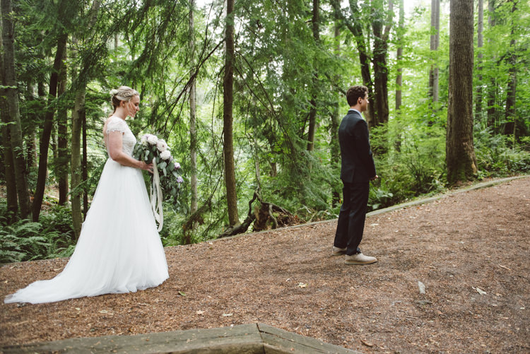 First Look Bride Cap Sleeve Backless Tulle Bridal Gown Bouquet White Purple Chrysanthemum Roses Groom Charcoal Suit Toms Shoes Magical Fairytale Forest Wedding Washington http://karissaroe.com/
