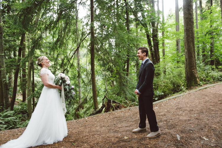 First Look Bride Cap Sleeve Backless Tulle Bridal Gown Bouquet White Purple Chrysanthemum Roses Groom Charcoal Suit Toms Shoes Magical Fairytale Forest Wedding Washington http://karissaroe.com/