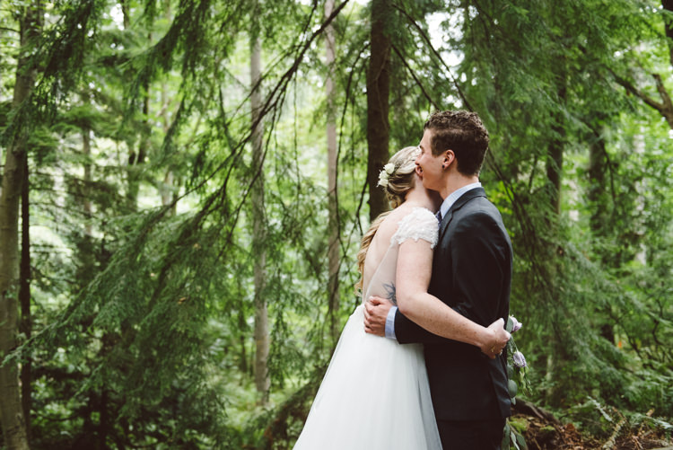 First Look Bride Cap Sleeve Backless Tulle Bridal Gown Bouquet White Purple Chrysanthemum Roses Groom Charcoal Suit Toms Shoes Hug Magical Fairytale Forest Wedding Washington http://karissaroe.com/
