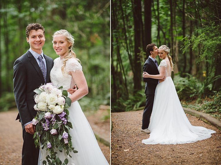 Bride Cap Sleeve Backless Tulle Bridal Gown Bouquet White Purple Chrysanthemum Roses Groom Charcoal Suit Patterned Purple Tie Toms Shoes Magical Fairytale Forest Wedding Washington http://karissaroe.com/