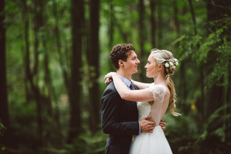 Bride Cap Sleeve Backless Tulle Bridal Gown Bouquet White Purple Chrysanthemum Roses Groom Charcoal Suit Magical Fairytale Forest Wedding Washington http://karissaroe.com/