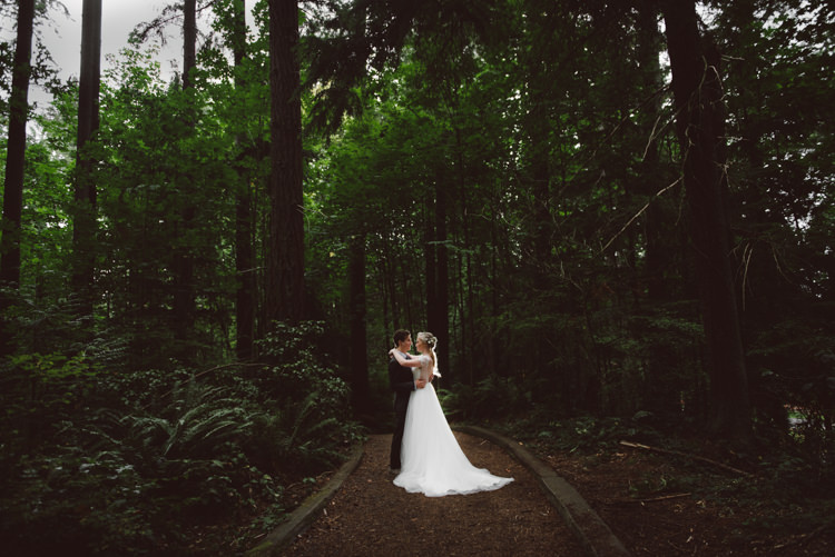 Bride Cap Sleeve Backless Tulle Bridal Gown Bouquet White Purple Chrysanthemum Roses Groom Charcoal Suit Tall Trees Magical Fairytale Forest Wedding Washington http://karissaroe.com/