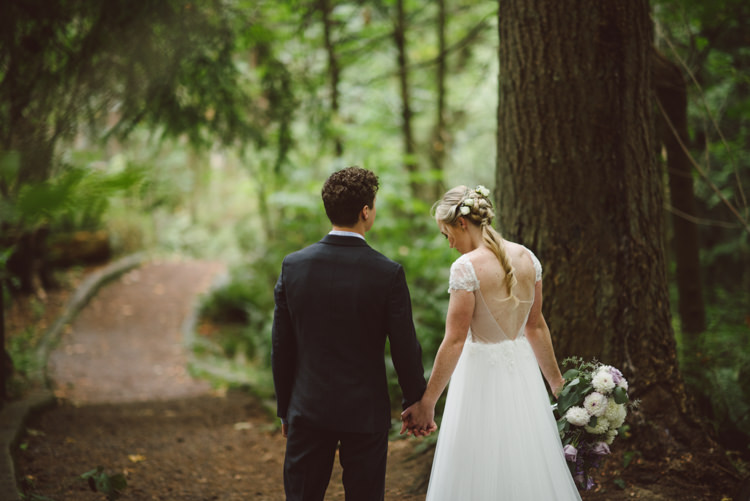 Bride Cap Sleeve Backless Tulle Bridal Gown Bouquet White Purple Chrysanthemum Roses Groom Charcoal Suit Tall Trees Magical Fairytale Forest Wedding Washington http://karissaroe.com/