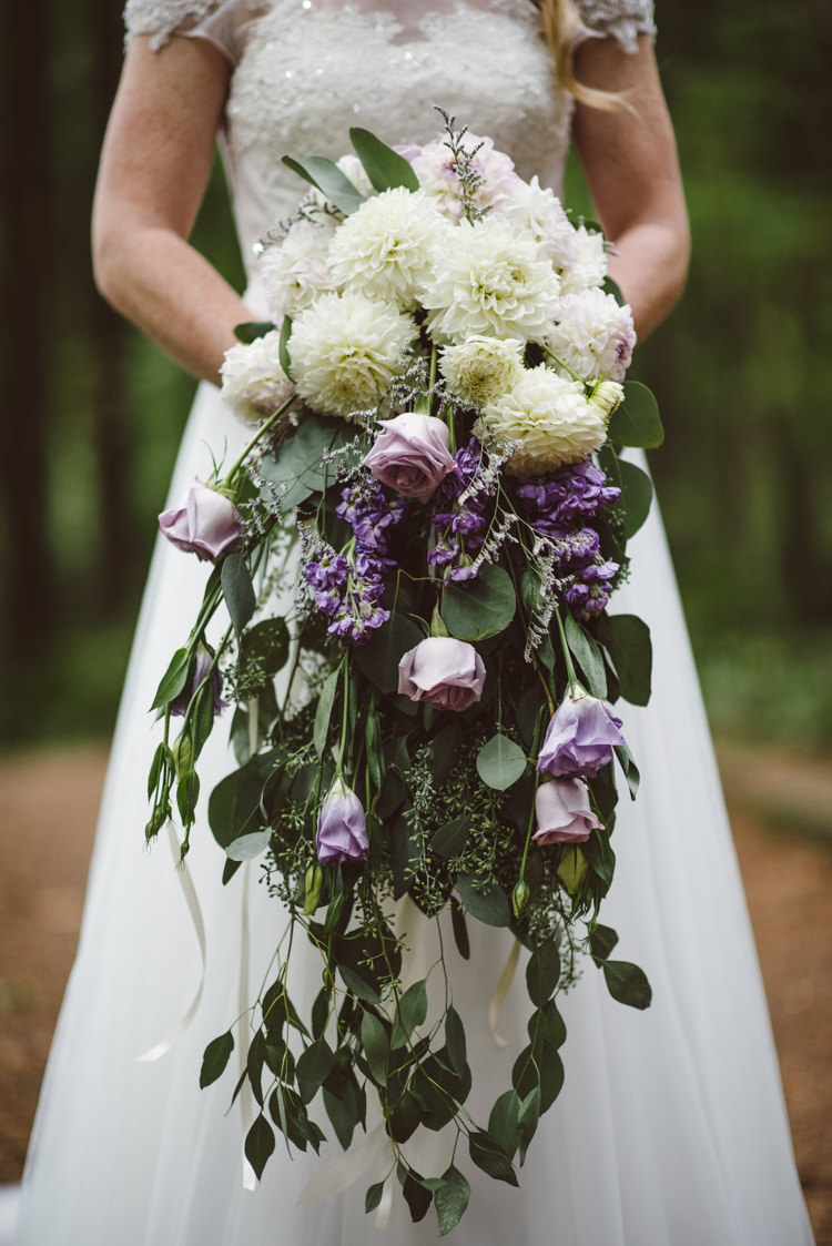 Bride Cap Sleeve Backless Tulle Bridal Gown Cascading Bouquet White Purple Roses Chrysanthemums Florals Magical Fairytale Forest Wedding Washington http://karissaroe.com/