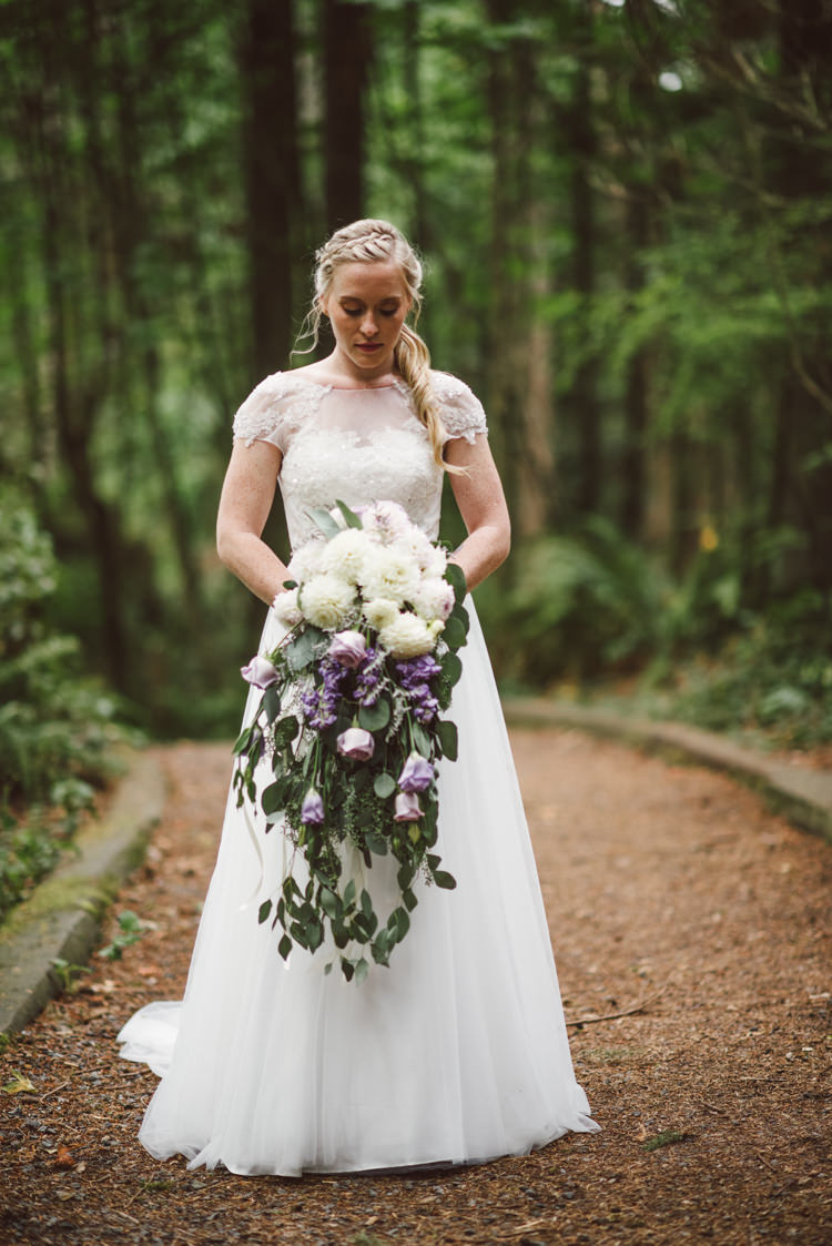 Bride Cap Sleeve Backless Tulle Bridal Gown Cascading Bouquet White Purple Chrysanthemum Roses Florals Braid Curly Ponytail Hairstyle Magical Fairytale Forest Wedding Washington http://karissaroe.com/