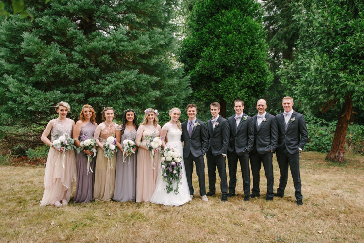 Bridal Party Bride Cap Sleeve Backless Tulle Bridal Gown Groom Charcoal Suit Patterned Purple Tie Bridesmaids Various Shade Dresses Bouquets Chrysanthemums Roses Groomsmen Charcoal Suits Magical Fairytale Forest Wedding Washington http://karissaroe.com/