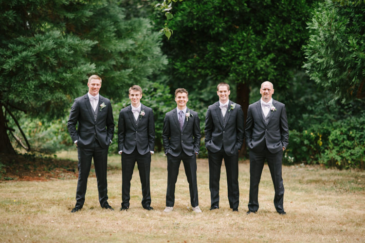 Groom Charcoal Suit Light Purple Shirt Dark Purple Patterned Tie Toms Shoes Groomsmen Charcoal Suits White Shirts Bowties Magical Fairytale Forest Wedding Washington http://karissaroe.com/