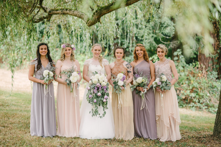 Bride Cap Sleeve Backless Tulle Bridal Gown Cascading Bouquet White Purple Chrysanthemums Roses Bridesmaids Floral Crowns Various Shade Dresses Magical Fairytale Forest Wedding Washington http://karissaroe.com/