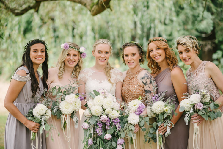 Bride Cap Sleeve Backless Tulle Bridal Gown Cascading Bouquet White Purple Chrysanthemums Roses Bridesmaids Floral Crowns Various Shade Dresses Magical Fairytale Forest Wedding Washington http://karissaroe.com/